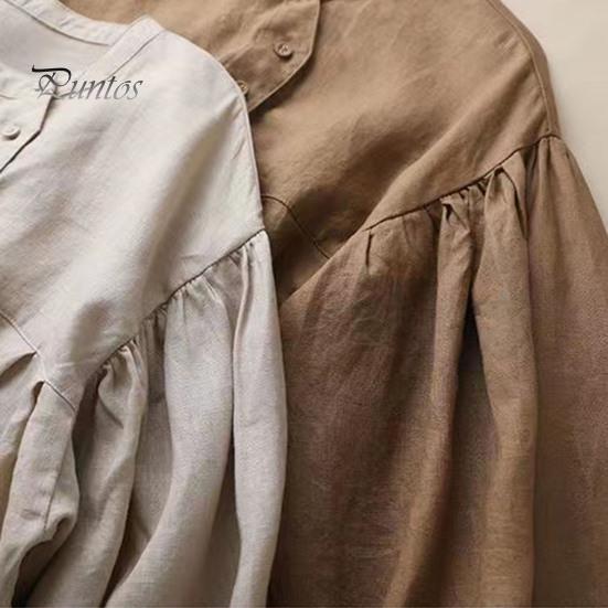Pullover Blouse Women Retro Casual Shirt O-neck Lantern Long Sleeve Single Breasted Elegant Puff Top Splicing Design Loose Fit Solid Color Round Neck