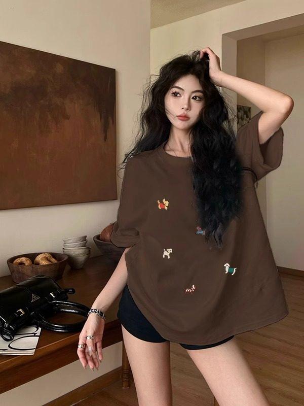 Damen Plus Size Retro Braunes Baumwoll-Kurzarm-T-Shirt - Altersreduzierend Stilvoll Lockere Passform