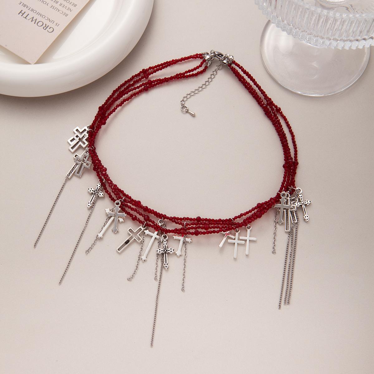 

Hip Hop Style Neck Chain Vintage Cross Tassel Multi-Layer Crystal Necklace Heavy Industry Personality Clavicle Chain