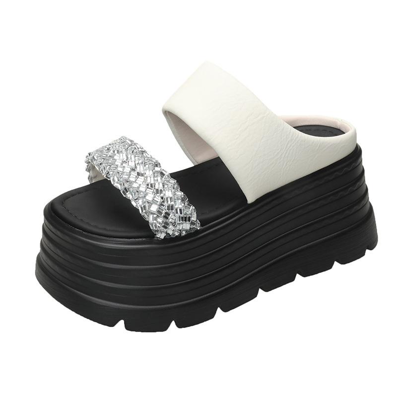 

2025 summer new rhinestone outer thick-soled slippers women s versatile open-toed height increase one pedal with skirt sandals women 34