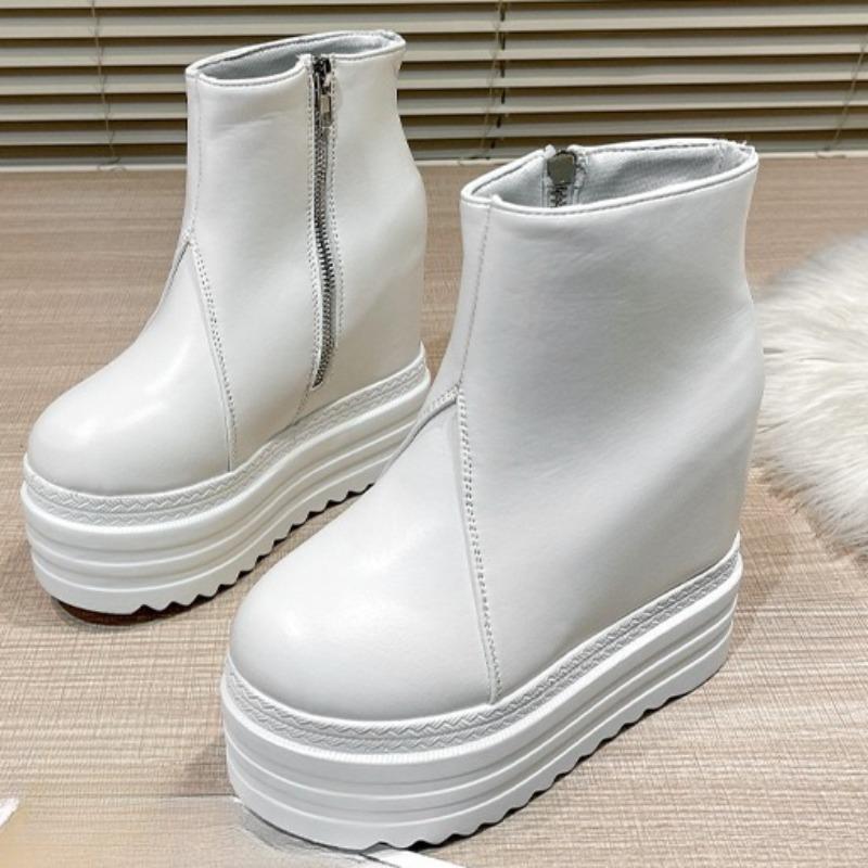 Fashion Fashion Inside Heightened Wedge Heel Booties Fall/Winter New Round Toe Spliced Side Zipper Platform Non-Slip Single Shoes
