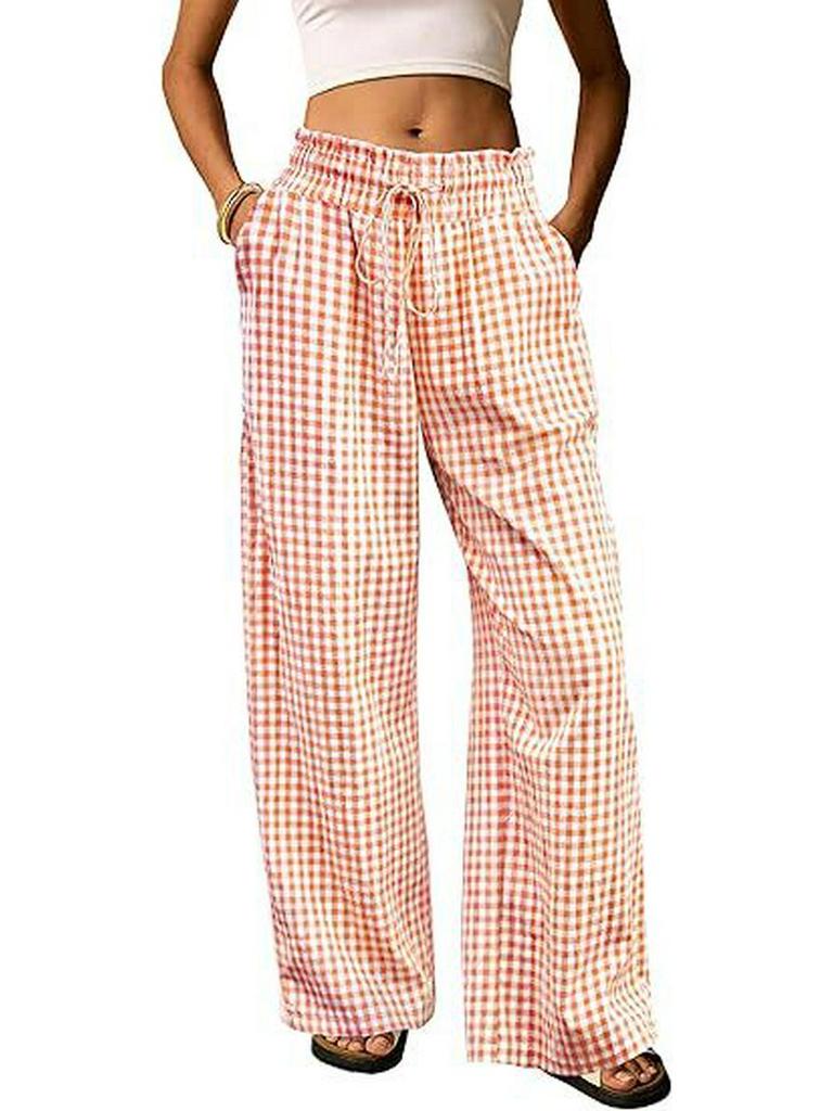 European Plaid Women's Wide-Leg Elastic High-Waist Pajama Pants with Drawstring