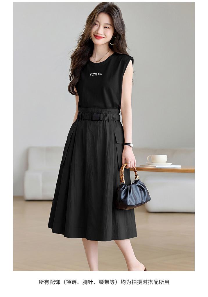 Summer intellectual elegant women's dress 2026 waist cinching slimming women's mid length skirt color blocked A-line skirt
