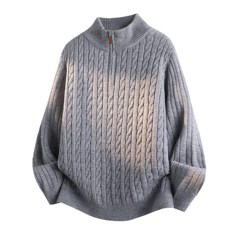 Mens Retro Cable Knit Half Turtleneck Sweater Thick Warm Zipper Front Casual Loose Fit Winter Knitwear