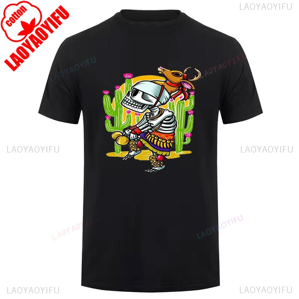 Mexican Skull Pattern Cotton Summer Tee Unisex Short Sleeve Round Neck Retro Style Graphic Shortsleeved Launched Casual Tshirt
