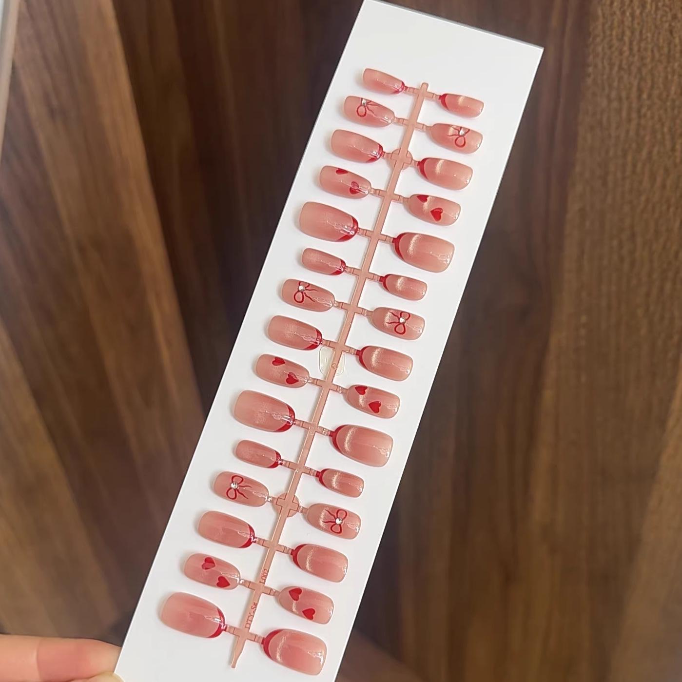 Sweetheart French Cat Eye Bow Tie New Year Nail Strips - Simple Style Short Stickers