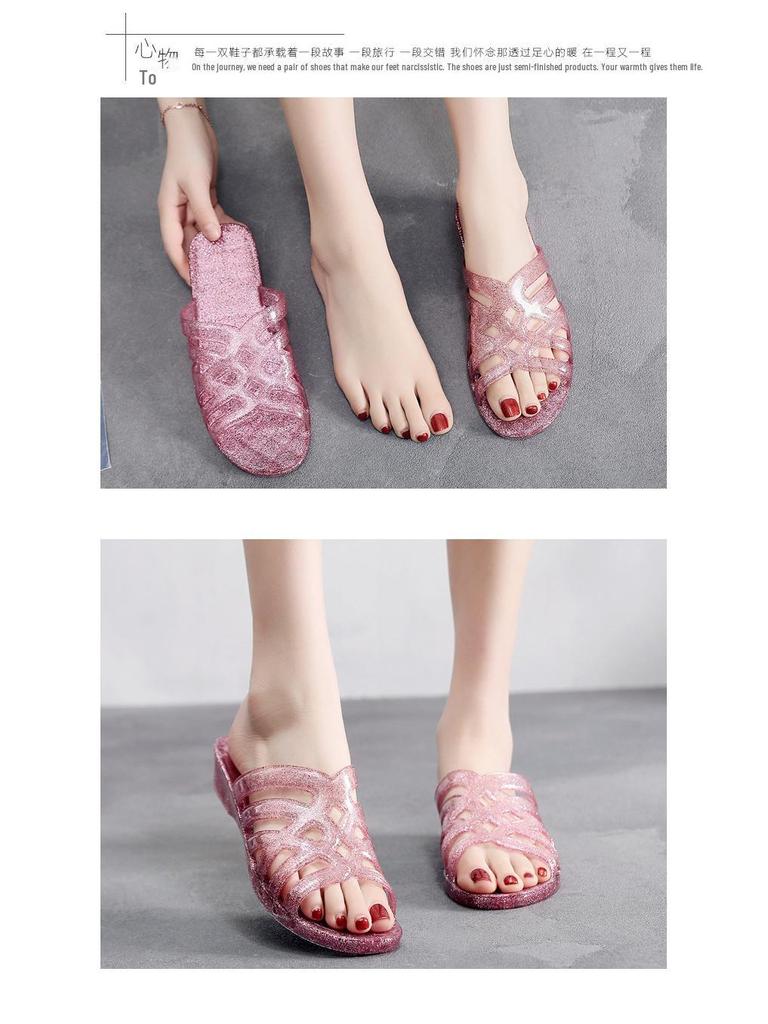 Women's Fashion Crystal Wedge Sandals: Summer Non-slip Hollow Bath Flip Flops
