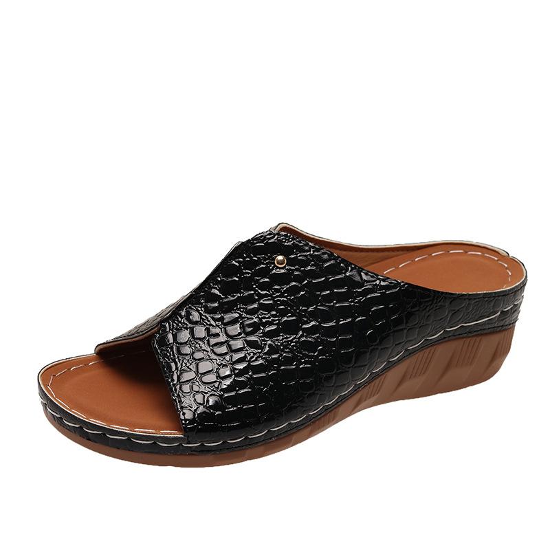 

Женские тапочки большого размера женские тапочки с крокодиловым узором тапочки с рыбьим носком швейная линия толстая подошва летние новые модели 42 чёрный