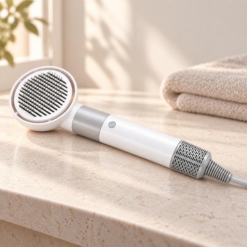 Adjustable Pet Blow Dryer Brush with 3 Temperature Setting, Blue, Yellow, and Red Indicators Light, Low or High Airflows, and Styling Nozzles