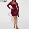 VONDA Women Fashion Solid Color Splicing V-Neck Long Sleeve Dresses