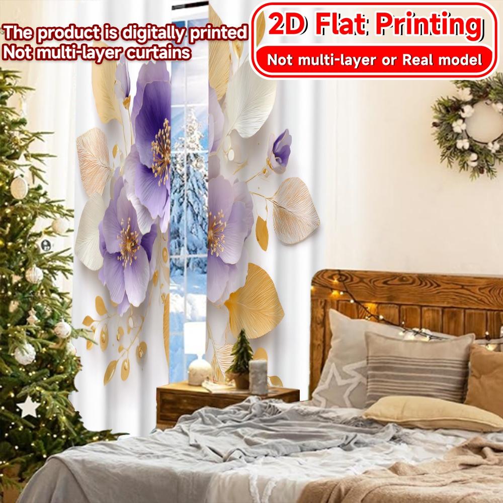 2D Flat Printing  2pcs Elegant Blooms Chic Curtain Cloth Durable Polyester Curtains Festive for Semi-Transparent Living Room