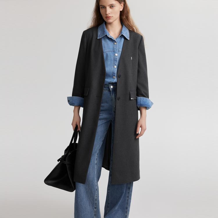 ELLE Gray High-Quality Solid Color Simple Single-Breasted Coat Women Coats Dark-Gray EF49352