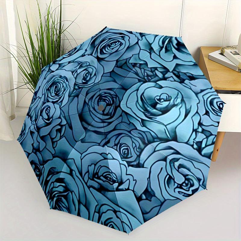 1pc Roses Blue Automatic Open/close Folding Compact Umbrella, 8-Rib Sturdy Canopy, Lightweight Portable, Everyday Use, Gift, Outdoor Umbrella, Travel