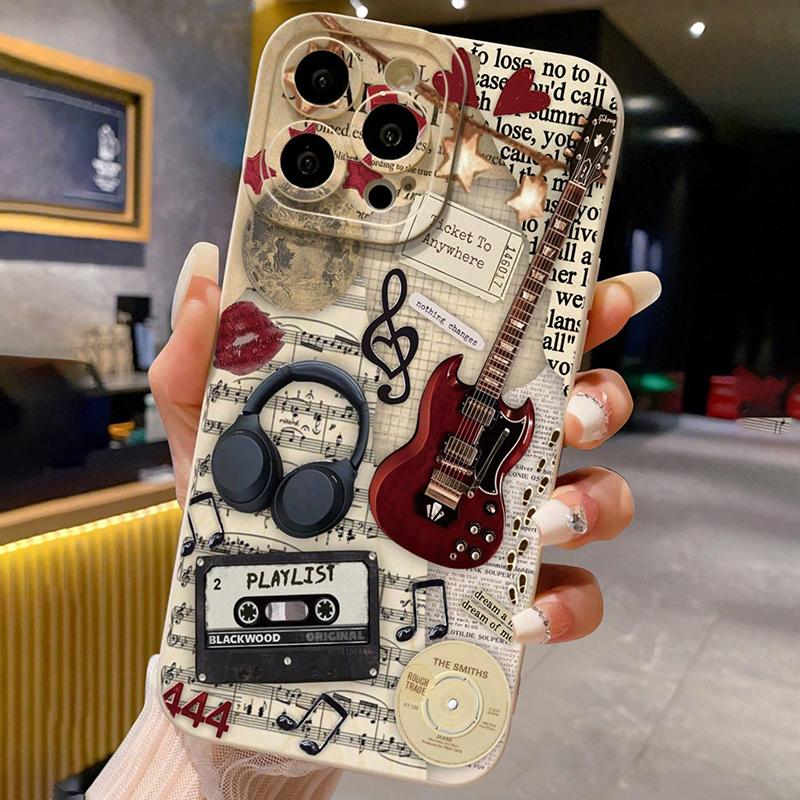 Custodia per Telefono Beige Verniciata Perforata con Pittura Musicale per Chitarra per iPhone 17 Air 16 15 14 13 12 11 Pro Max X XS XR 7 8 Plus 16E Cover