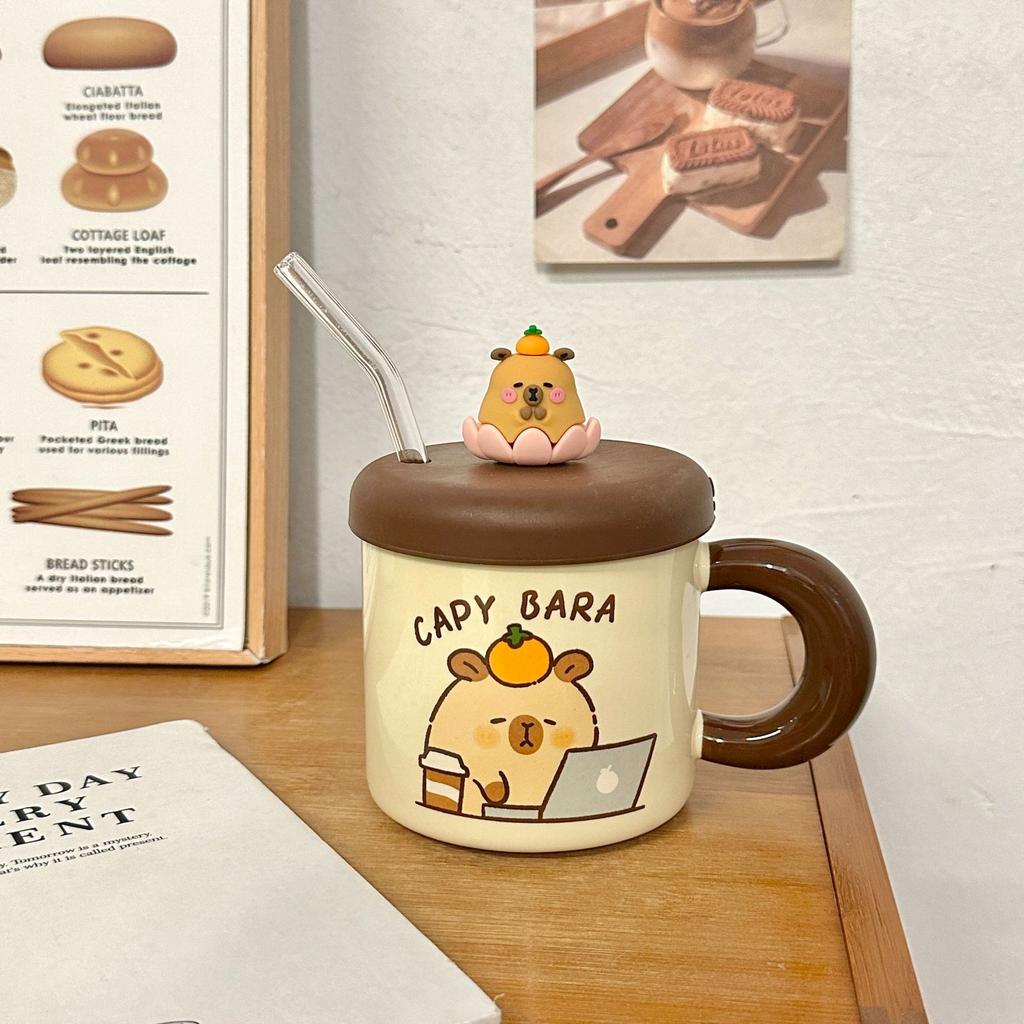 Ceramic Cup with Lid and Straw Water Cup Cute Kapibala Mug High Looking Girl's Home Coffee Cup