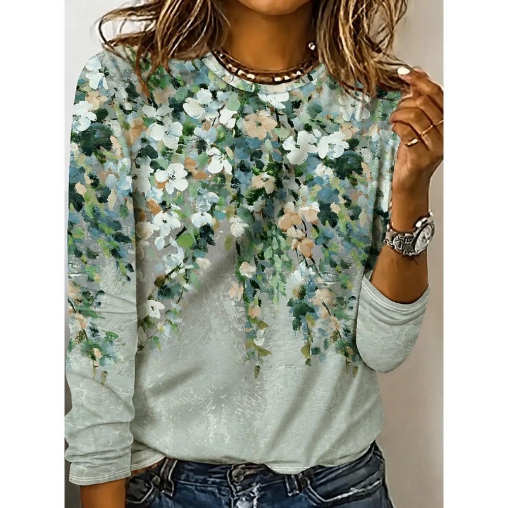 Top da Donna Stampa Floreale Girocollo Manica Lunga T-shirt Autunno Casual Slim Pullover Top a Manica Lunga da Donna