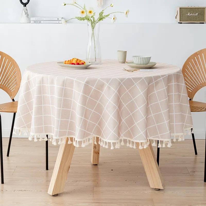Modern Minimalist Linen Solid Round Tablecloth Handmade Lace Thickened Table Cloth Waterproof Dustproof Table Cover
