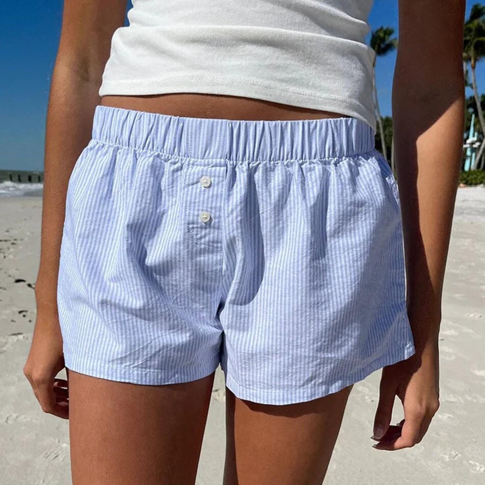 

Летние модные повседневные свободные карманные полосатые однотонные шорты для женской одежды L синий