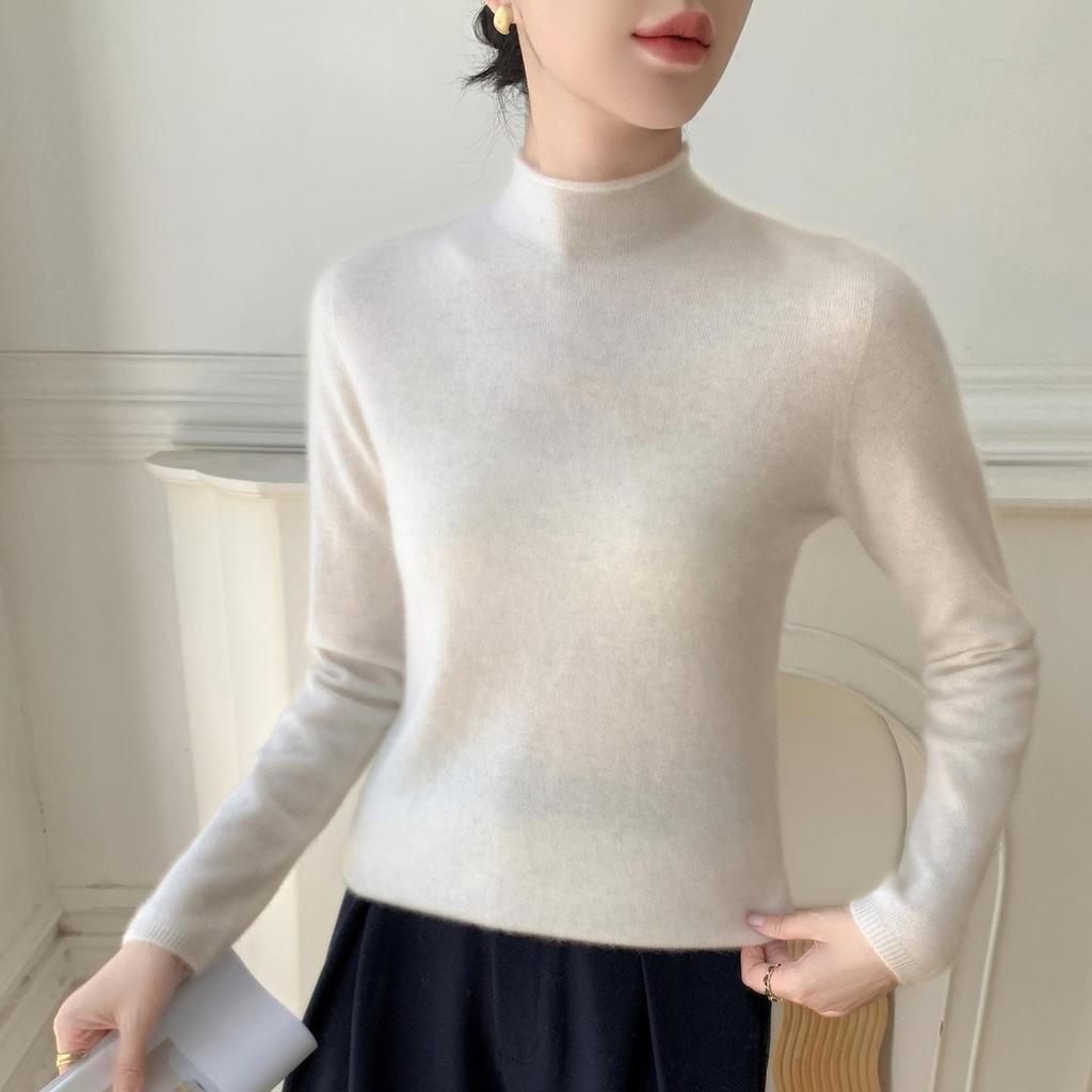 Rolled-Edge Half-High Collar Cashmere Knit Seamless Sweater: Women's Autumn/Winter Solid White Wool Base Layer