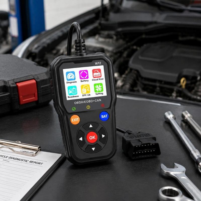Vehicle Diagnostic Device for Engine Fault Scanning and Code Management with a Fixed Cable and Pin-Array End for Direct Use