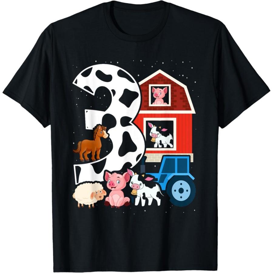 Farm Theme Pig Cow Horse 3rd Birthday 3 Yrs Old T-Shirt S