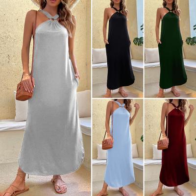 Women Dress Halter Neck Off Shoulder Sleeveless Loose Maxi Dress with Pockets Summer Beach Vacation Dress