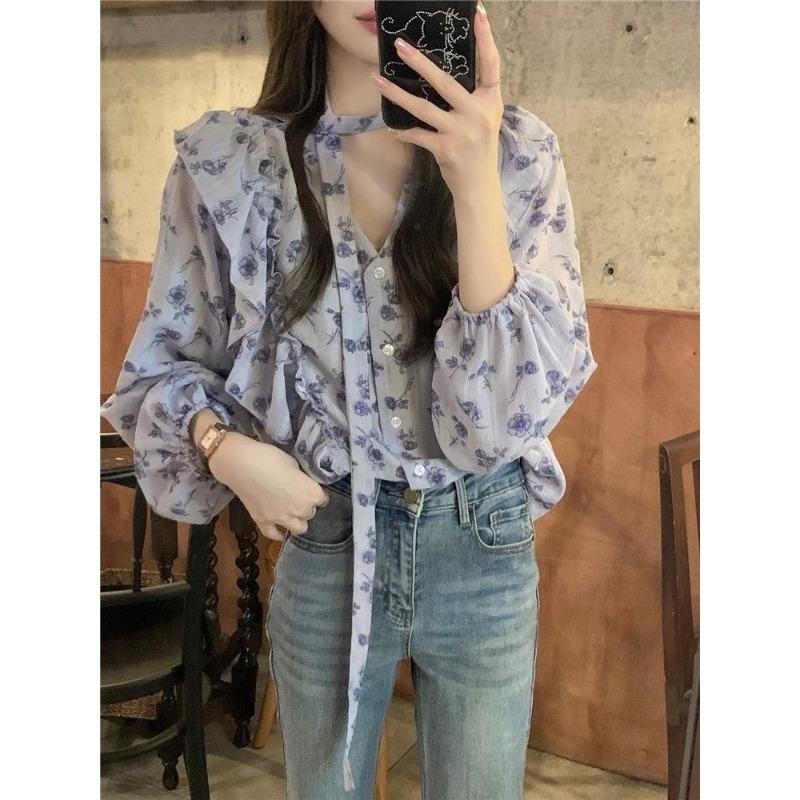 Lace Up Ruffle Edge Floral Shirt Women's Long Sleeve V-neck Female's Single Breaste Blouse French Gentle Lady's Chic Top