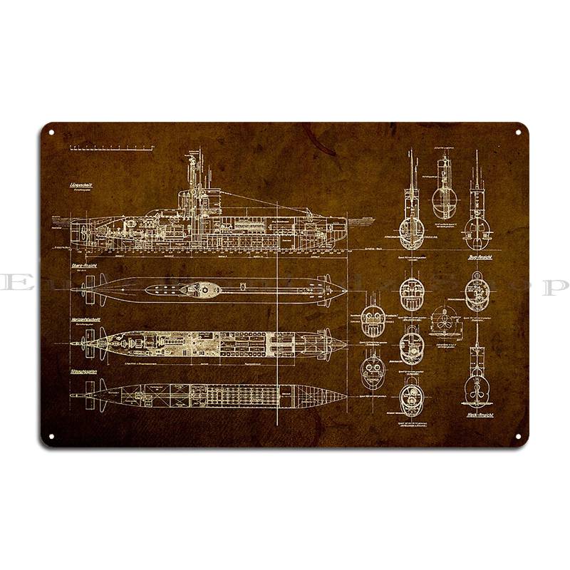 

Металлическая табличка-постер Чертеж подводной лодки , настенная табличка, дизайн для украшения гаража, постер для гостиной из ржавого металла 20x30cm（7.8x11.8inch）