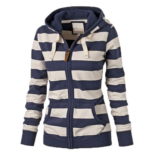 Dames Warm Gestreept Hoodie Sweatshirt Top met Capuchon Zakken Jas Rits Jas
