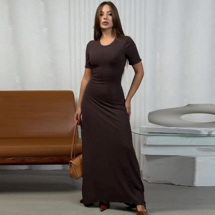 Summer Women Dresses Solid Color Slim Fit Short Sleeve Round Neck S коричневый