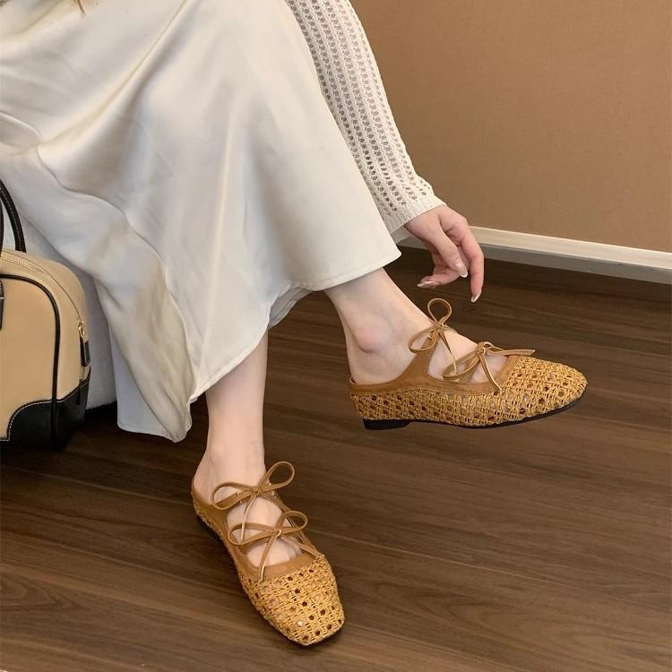 Inner heightening bag head half slippers women's summer outer wear new French woven hollow sandals bow Mary Jane single shoes