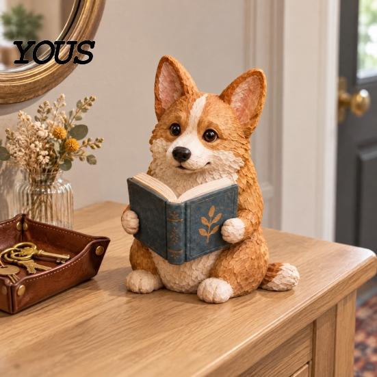 Resin Puppy Figurine Reading Dog Figurine, Cute Book Loving Sculpture for Bookshelf Nook Desk, Gift and Lovers