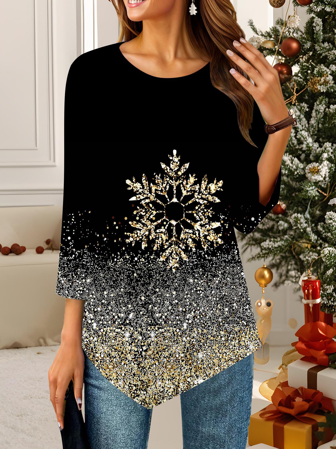 

Women s Loose Round Neck Three Quarter Sleeve Tee 3D Christmas Pattern Ideal Halloween and Christmas Gift 8XL чёрный