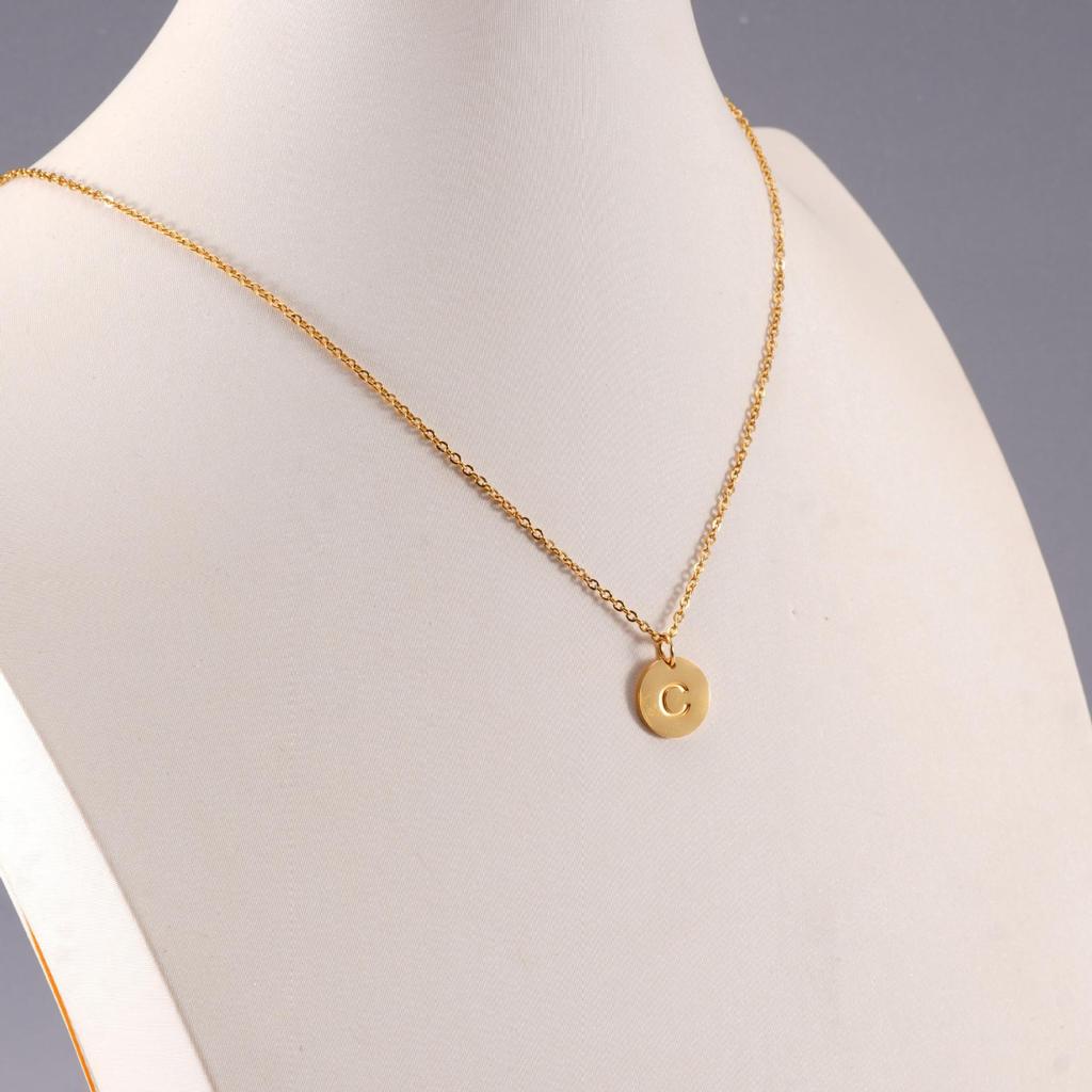 18K Gold Stainless Steel Minimalist Letter Necklace with 26 Round Pendant Options