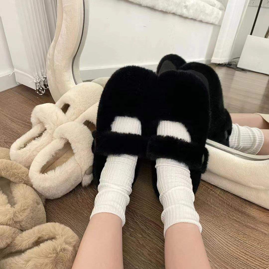 

2025 winter white fluffy beanie shoes women wear French with skirt velvet cotton shoes with Mary Jane 40 чёрный