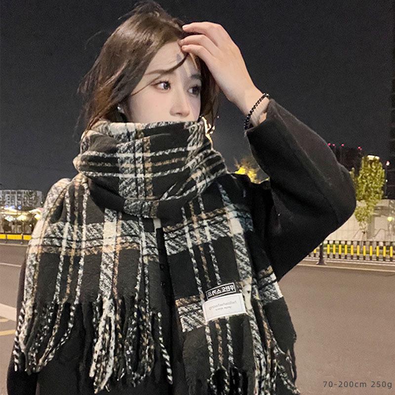 Korean Style Plaid Mohair Scarf - Women's Winter Imitation Cashmere Shawl