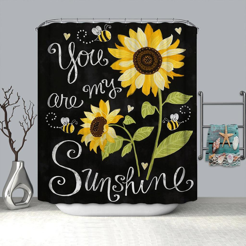 Sunflower Butterflies Shower Curtain for Bathroom Decor, Black and Yellow Bath Accessories, Waterproof Polyester with Hook