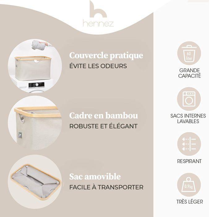 Panier linge - hennez - pliable 60l - gris clair - tissu et bambou - avec couvercle