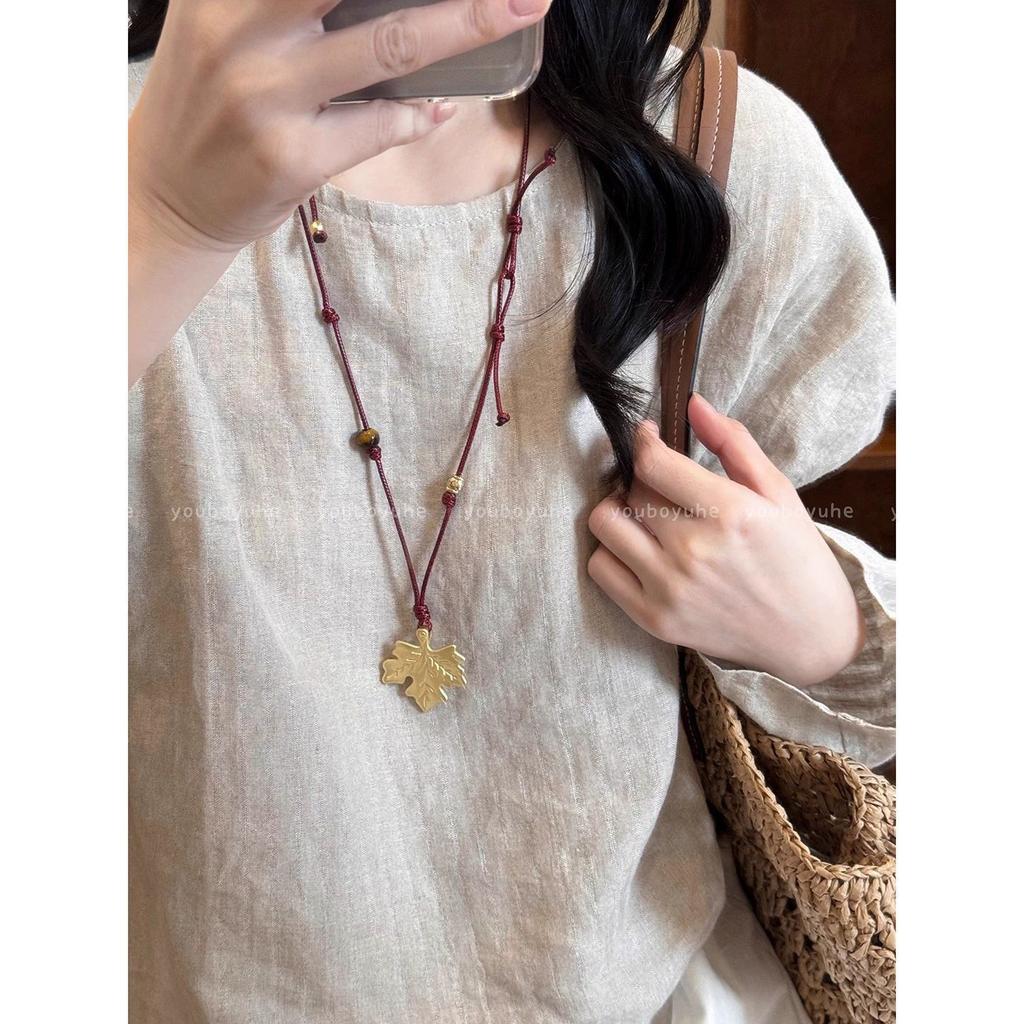 Tiger's eye stone gold maple leaf beaded necklace women's retro ethnic style long sweater chain neck accessories