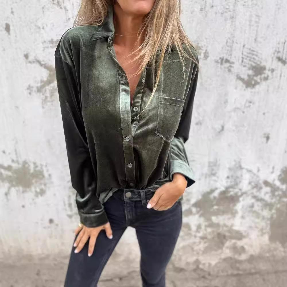 2024 Autumn Winter Fashion Gold Velvet Lapel Shirt
