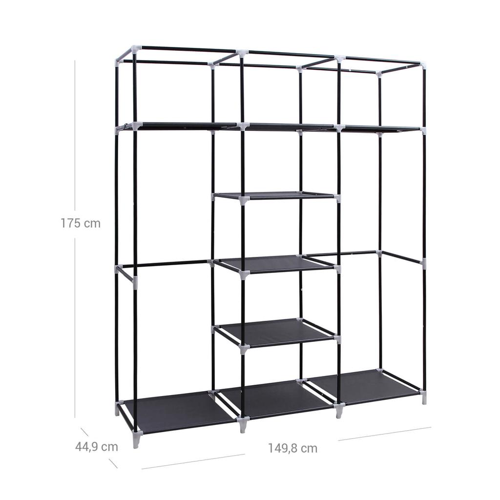 SONGMICS RYG12B Folding Wardrobe, Fabric Cabinet, Foldable Coat Rack with 2 Clothes Rails, 175 x 150 x 45 cm, Black, Canvas