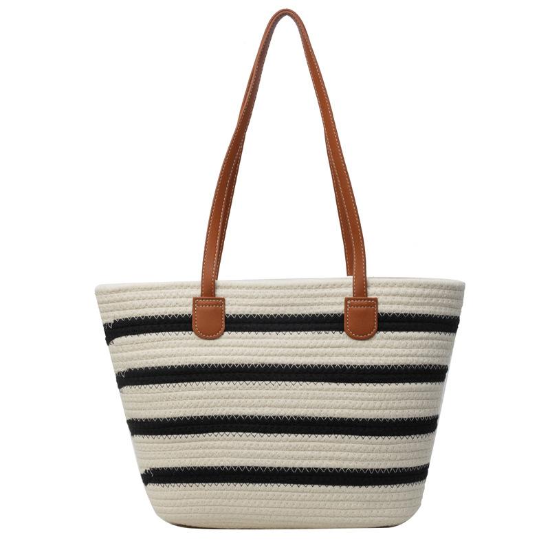 Fashion Cotton Rope Woven Handbag Large Capacity Striped Versatile Vacation Beach Bag Women Straw Casual Shoulder Bag
