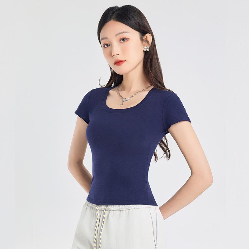 2025 Summer Slim Fit Women's Square Neck T-Shirt - Solid Color, Short Sleeves, Exposed Clavicle, Cotton Blend