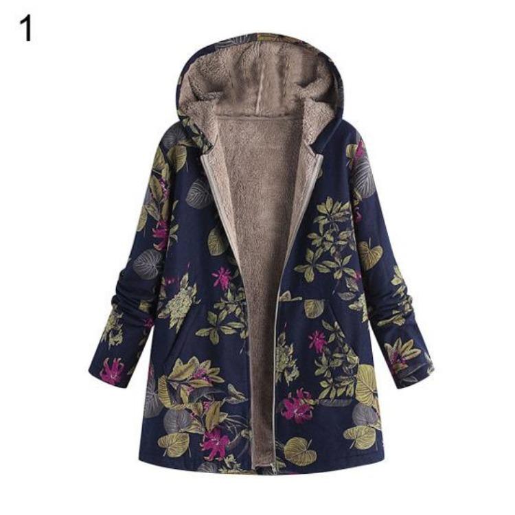 Women Fleece Lining Winter Hooded Coat Floral Leaf Print Long Sleeve