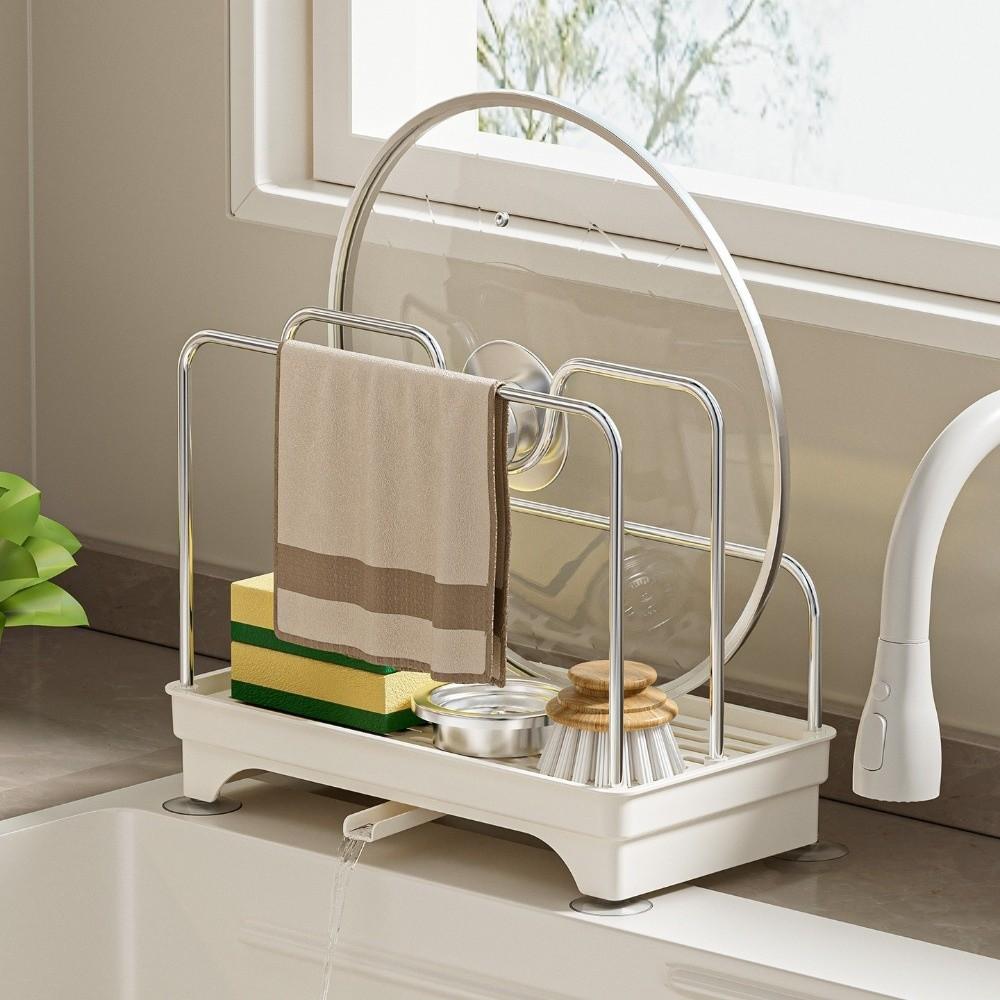 Kitchen Sink Storage Rack with Drain Self Drainage Sponge Holder Stainless Steel Multifunctional Pan Pot Lid Holder