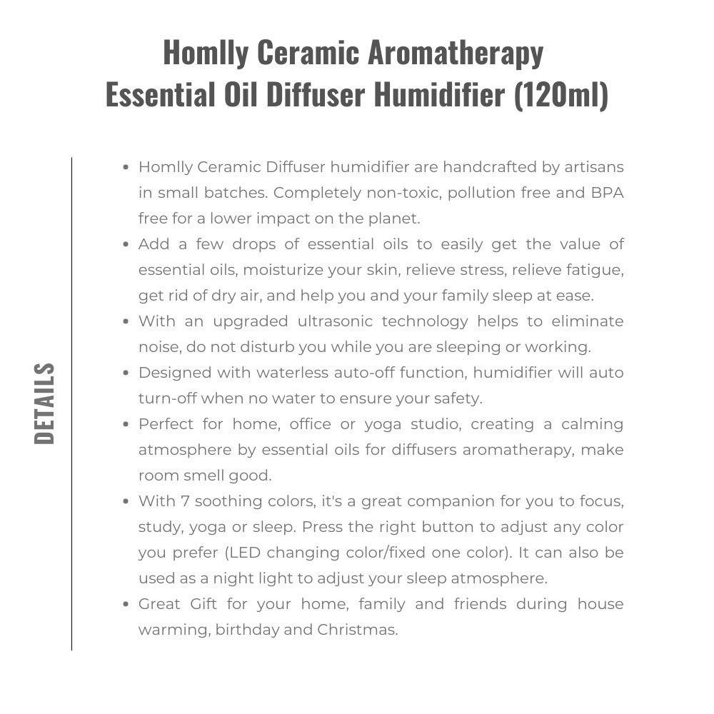 Homlly Ceramic Aromatherapy Essential Oil Diffuser Humidifier (120ml)