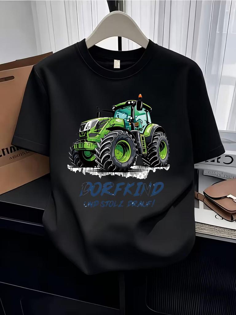 T-Shirts (kids unisex)Retro Tractor Print T-Shirt, Individual Agricultural Machinery Pattern Short Sleeve, Boys And Girls