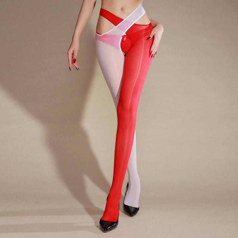 Sexy Horse Oil Stockings Cross Open Crotch Pantyhose 8D Glossy Tights Summer Ultra-thin Women's Erotic Temptation Black Stocking