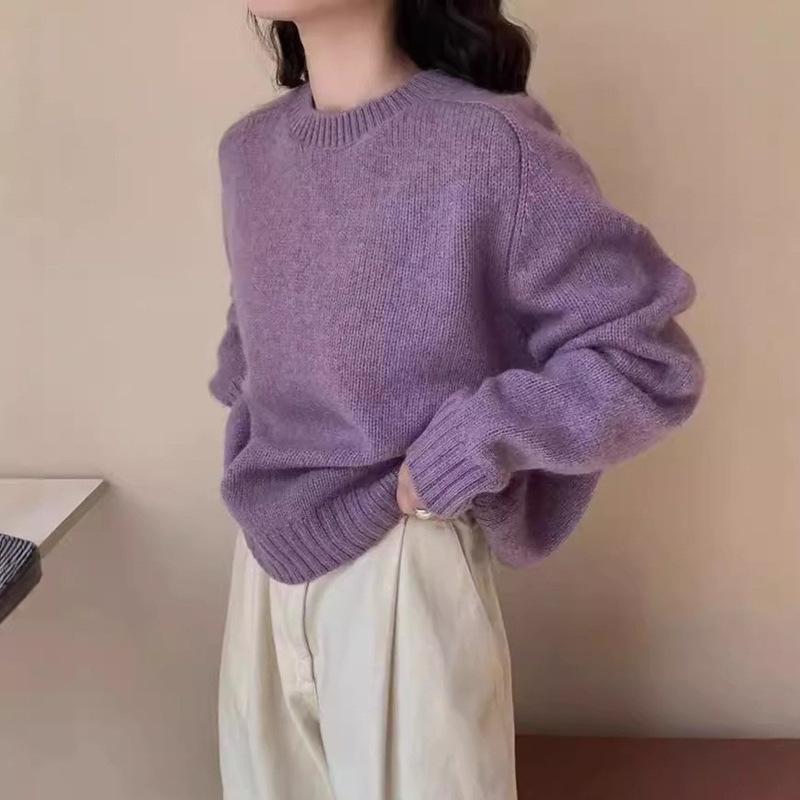 Gentle Retro Lazy Wind Solid Color Crew Neck Sweater Women's Autumn and Winter Women's Clothing Loose Pullover Soft Waxy Knitted Sweater Women