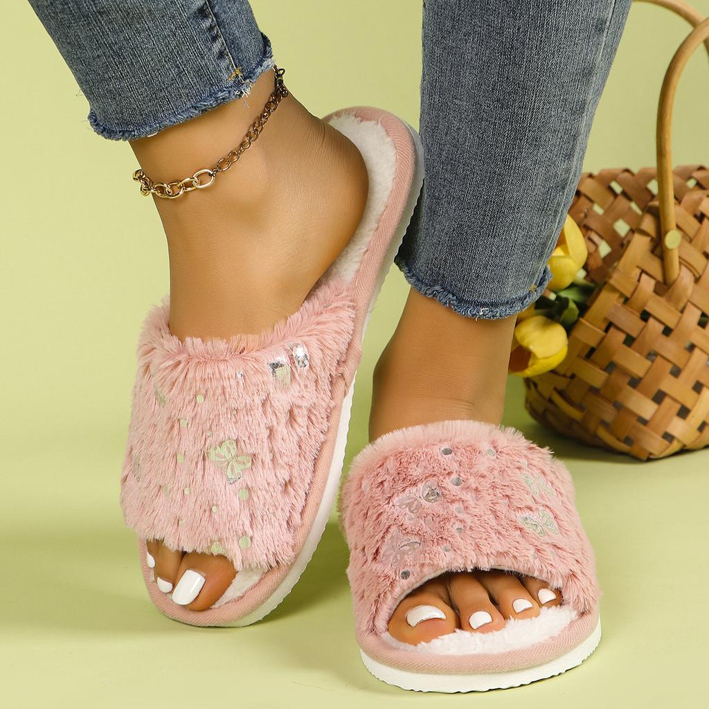 Casual Open Toe Plush Shoes, Plush Cotton Slippers Butterfly Decoration Comfortable Indoor Home Slippers